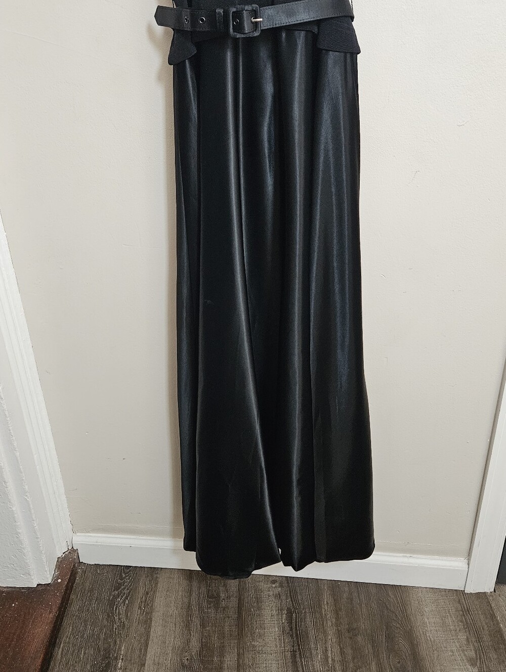 Vintage Tadashi Shoji Black Gown Belted Mock Neck Satin Skirt Evening Dress 14 - Picture 3 of 10